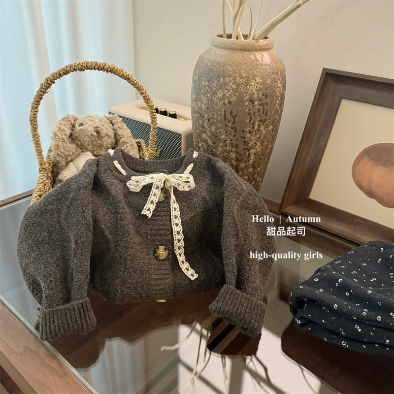 【甜品起司】韩国女宝宝花边森系开衫洋气针织衫套装蕾丝系带毛衣