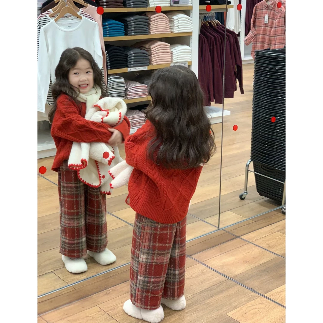 【甜品起司】女童洋气圣诞新年红色套头毛衣上衣+红格长裤