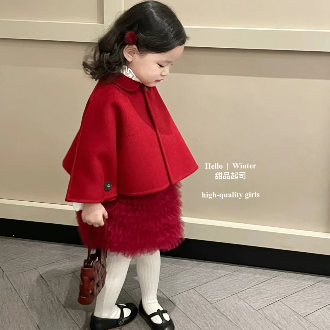 【甜品起司】宝宝红色斗篷女童拜年服儿童披风外套女宝周岁过年礼服