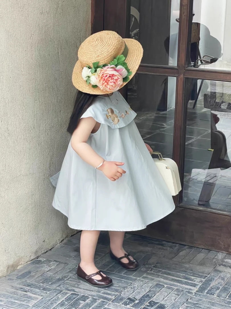 【甜品起司】自留！重工刺绣小熊女宝宝大翻领学院风A字版娃娃裙