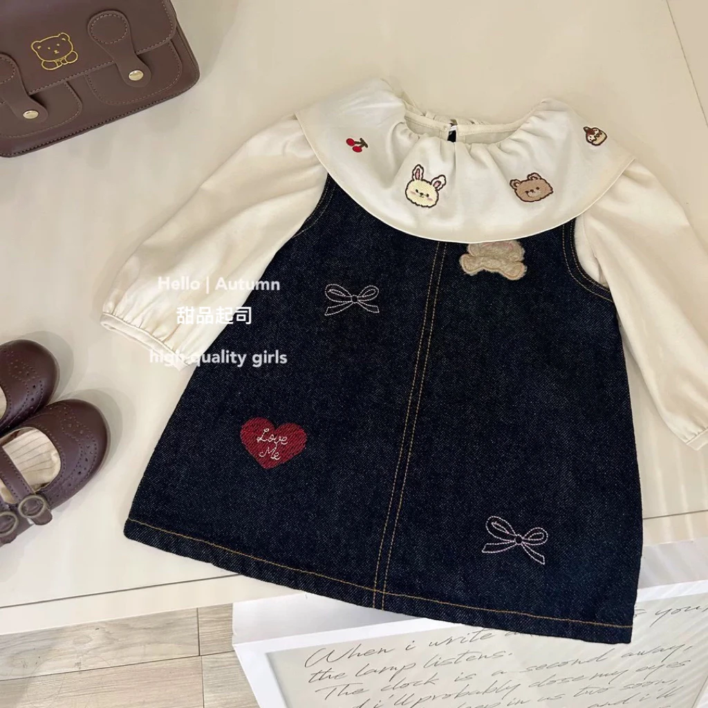 【甜品起司】韩国童装女宝宝刺绣小熊牛仔背心裙娃娃领荷叶衬衫套