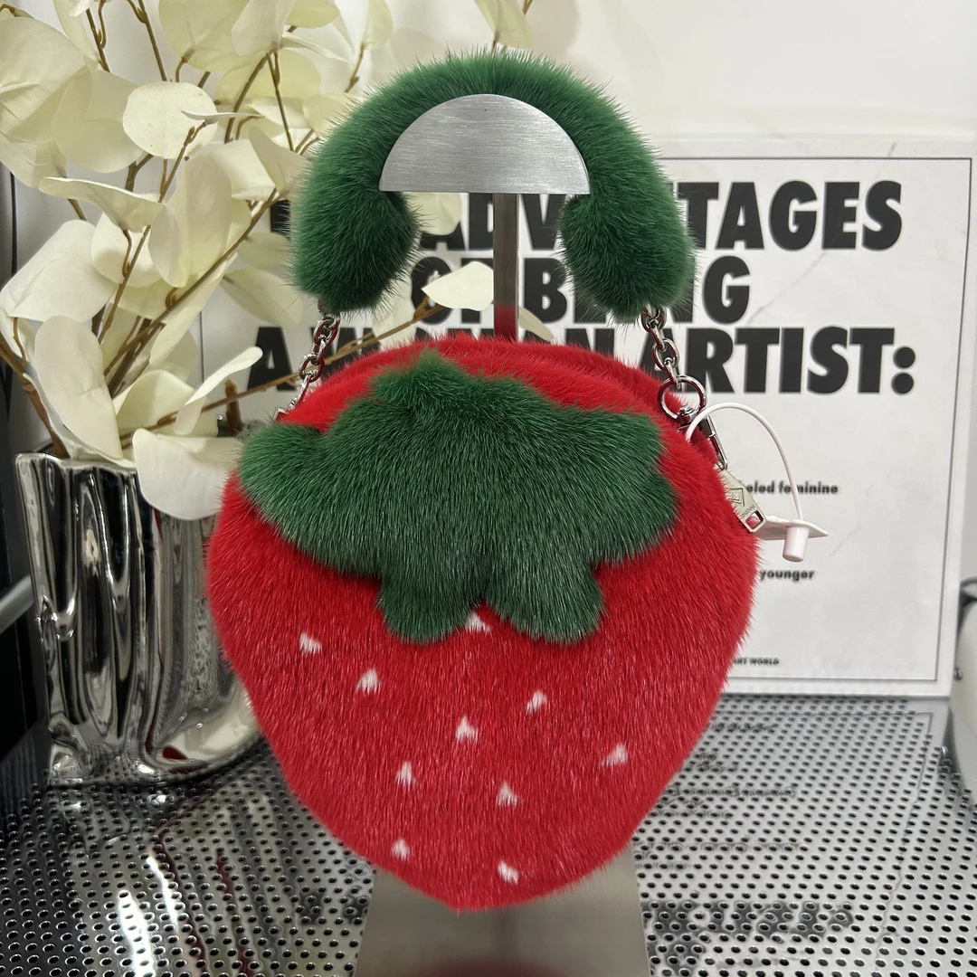 草莓貂毛亲子手机包显眼包斜跨包真毛包包红色毛绒包手提包女礼物