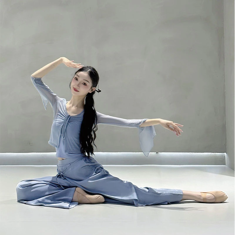 古典舞纱衣中国舞练功服夏天形体服系带喇叭袖网纱舞蹈上衣女新款