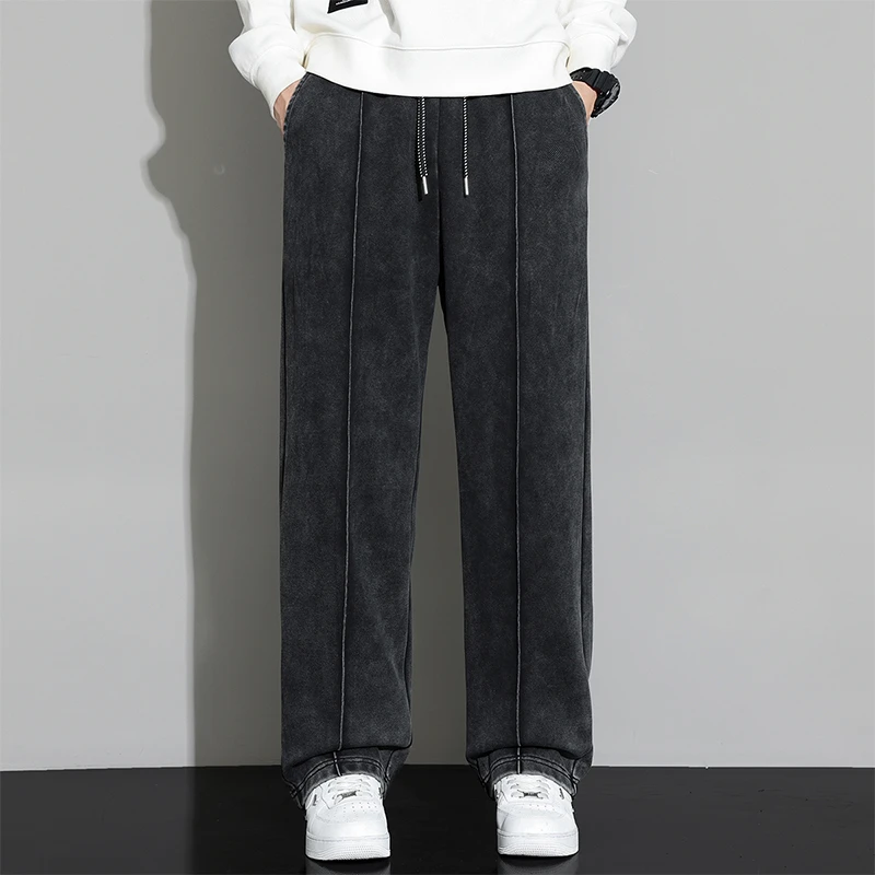 胖胖火星大码男装水洗做旧折线直筒长裤春秋宽松百搭抽绳休闲裤潮