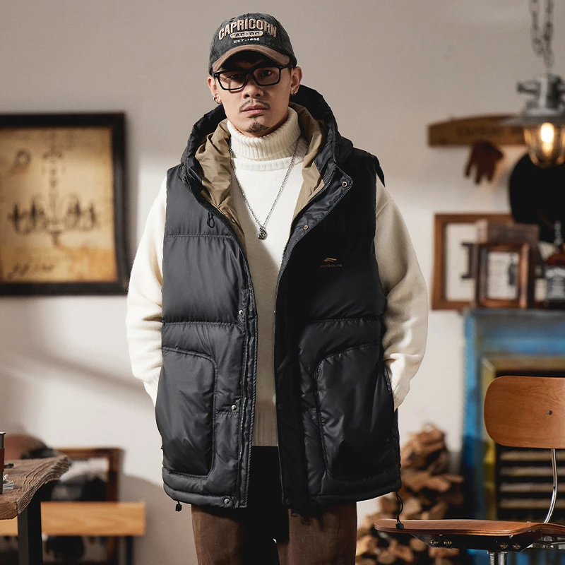 胖胖火星大码男装冬季90白鸭绒保暖无袖背心加肥加大连帽羽绒马甲