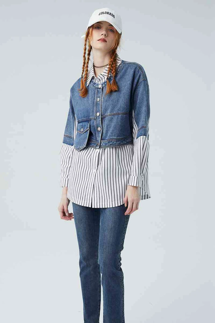 水淼2024新款衬衫衬衣上衣拼接7434外套时尚休闲百搭撞色衬衫外套