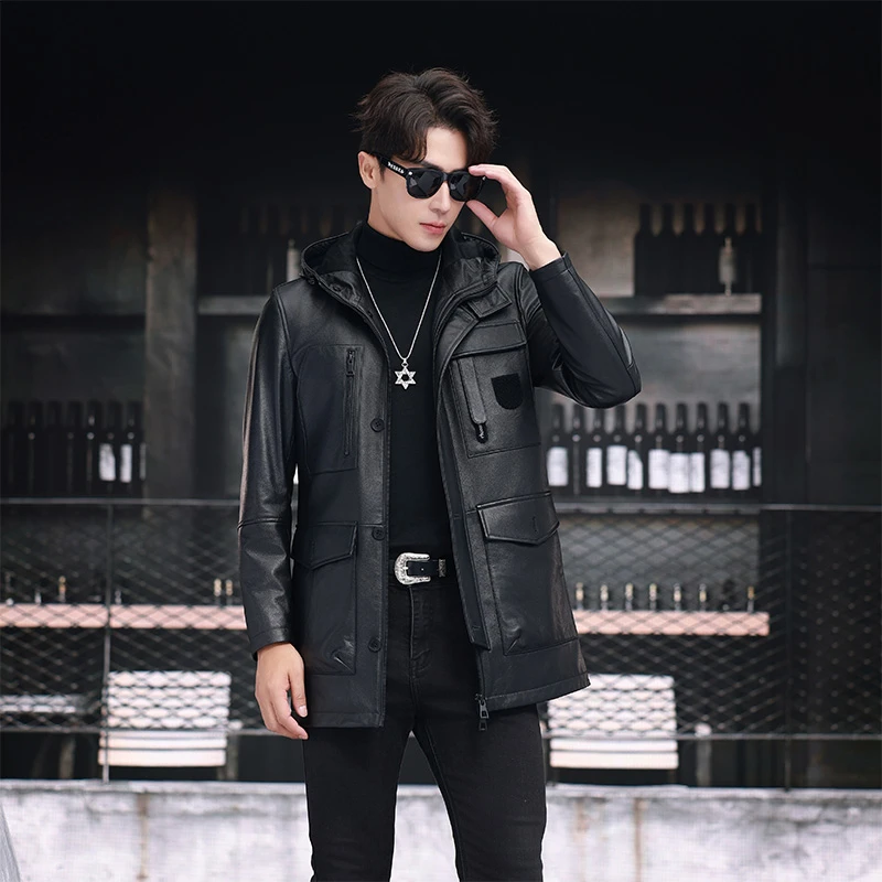 VM3348秋冬修身头层牛皮真皮皮衣男士中长款连帽修身商务休闲外套