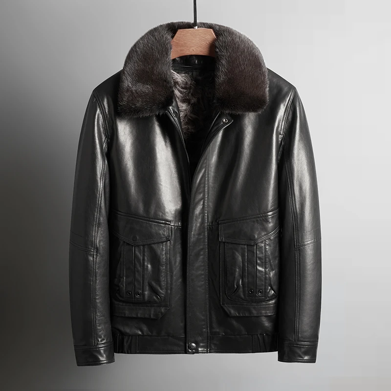 VM3379头层山羊皮真皮皮衣男翻领短款修身商务休闲羊羔毛内胆外套