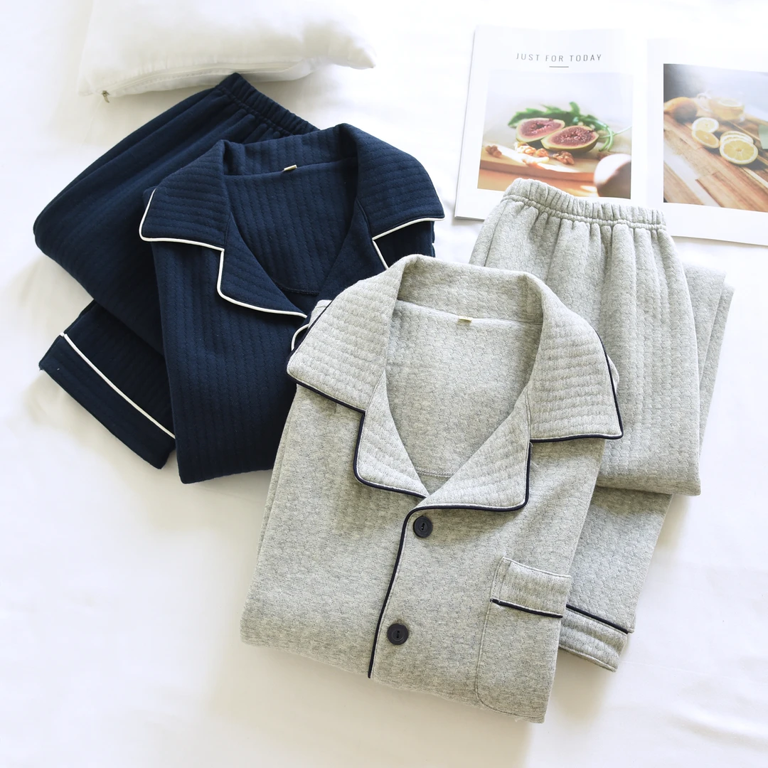 秋冬季男士夹棉加厚空气棉睡衣套装中厚款长袖大码保暖舒适家居服