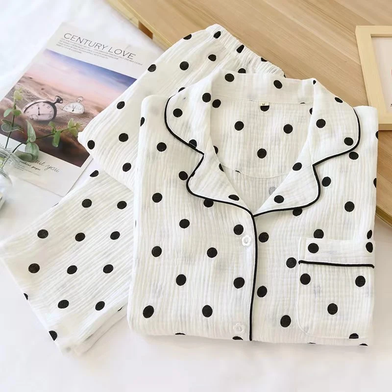 女士纯棉睡衣新款波点双层绉纱棉简约翻领长袖长裤睡衣家居服套装