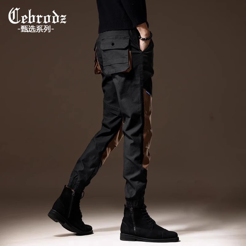 Cebrodz男士撞色拼接工装裤秋冬季加绒户外宽松束脚美式休闲裤子