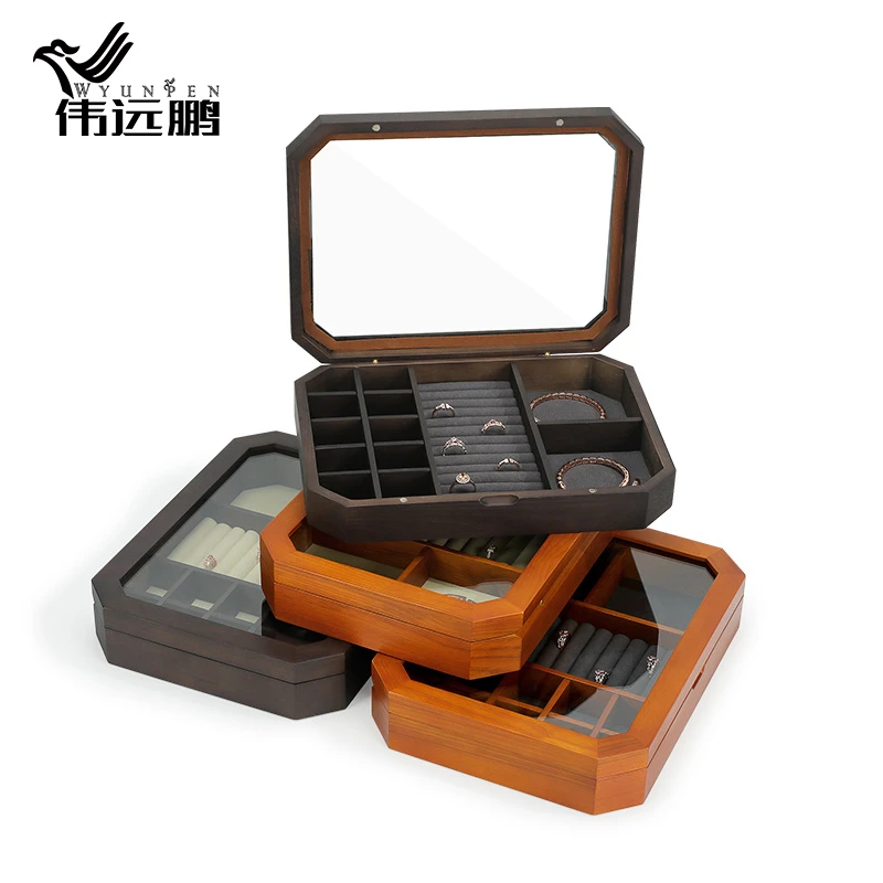 伟远鹏纯实木带盖展示盘透明玻璃首饰收纳盘项链戒指耳环饰品盘