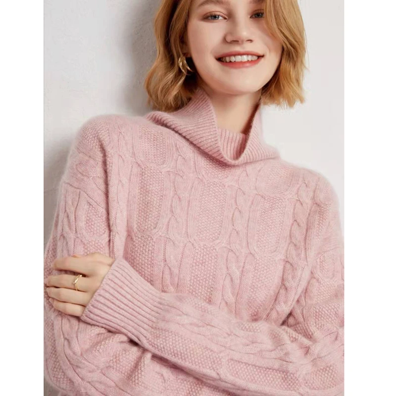 【粉桃慕斯】重磅4股加厚~100纯山羊绒高领复古绞花慵懒风羊绒衫