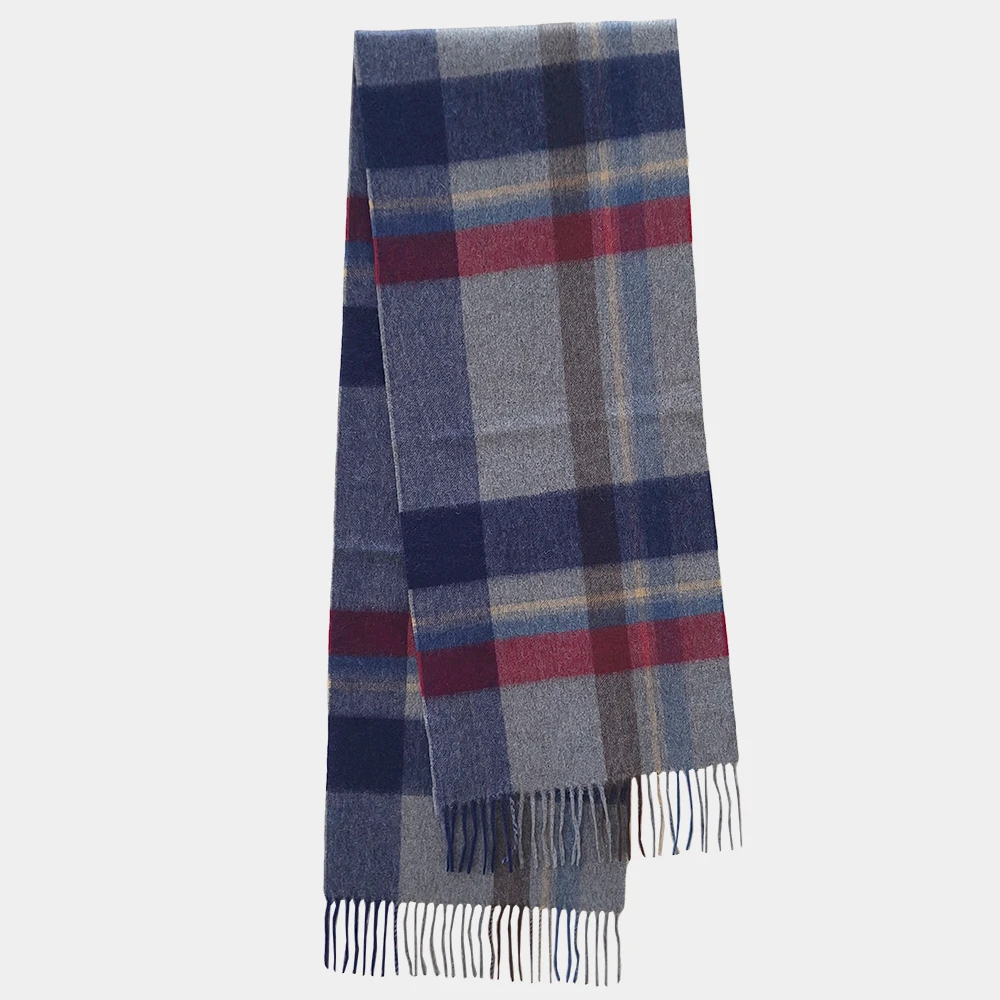 100%羊绒 男女通用秋冬百搭保暖围巾 经典时尚蓝红格子长方形流苏