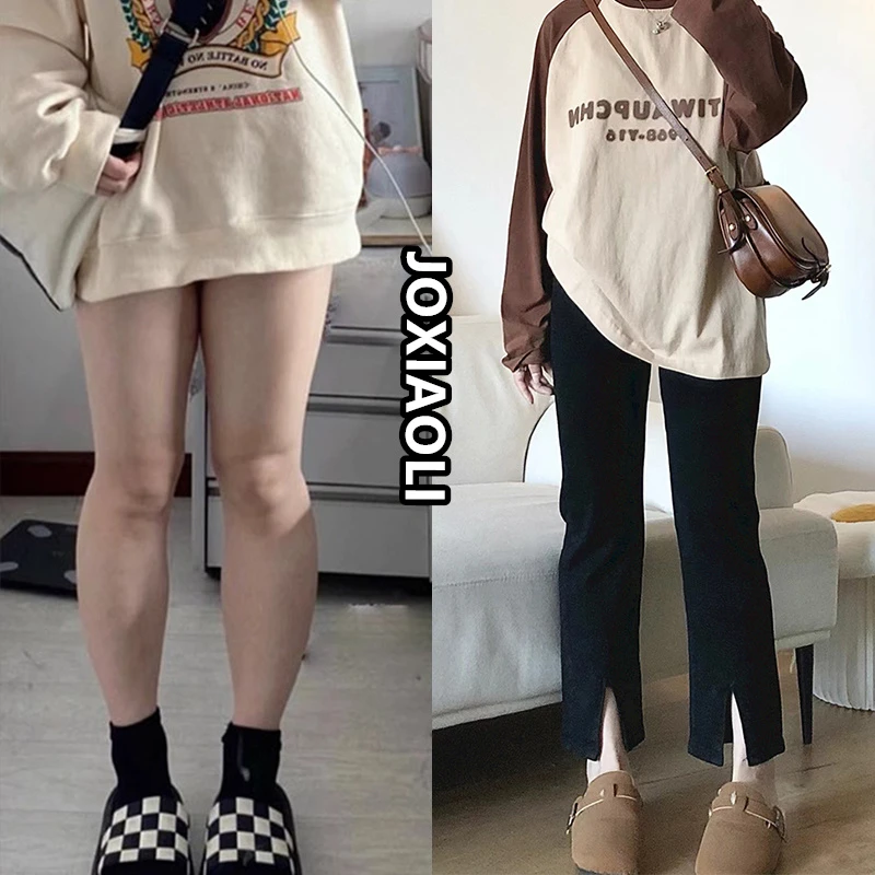 大码开叉微喇牛仔裤女胖mm梨型身材小个子宽松显瘦高腰直筒九分裤