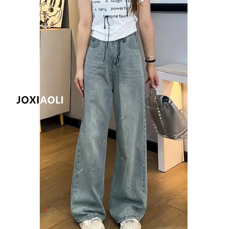 大码刺绣阔腿牛仔裤女2025年秋冬新款高腰宽松显瘦胖mm直筒长裤