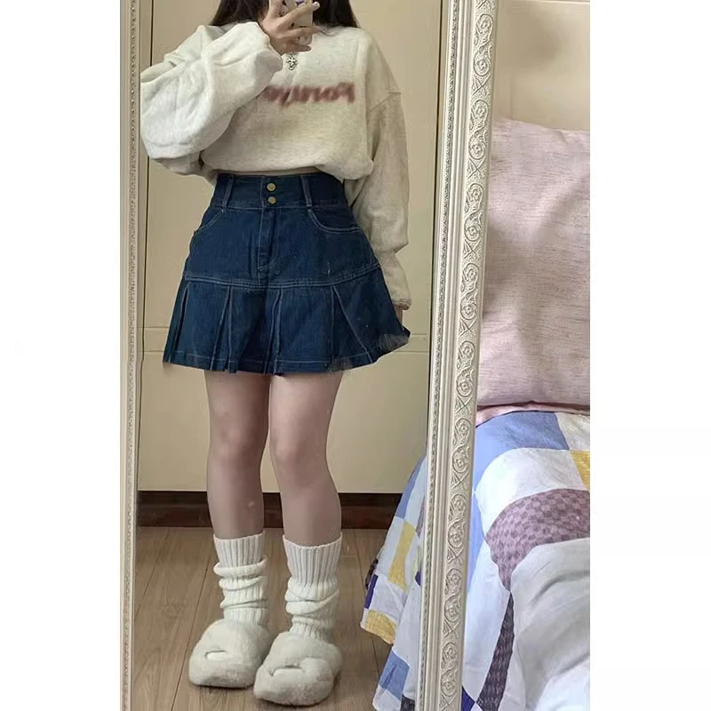 高腰百褶牛仔半身裙女秋冬大码胖mm遮肚显瘦梨形身材复古a字短裙