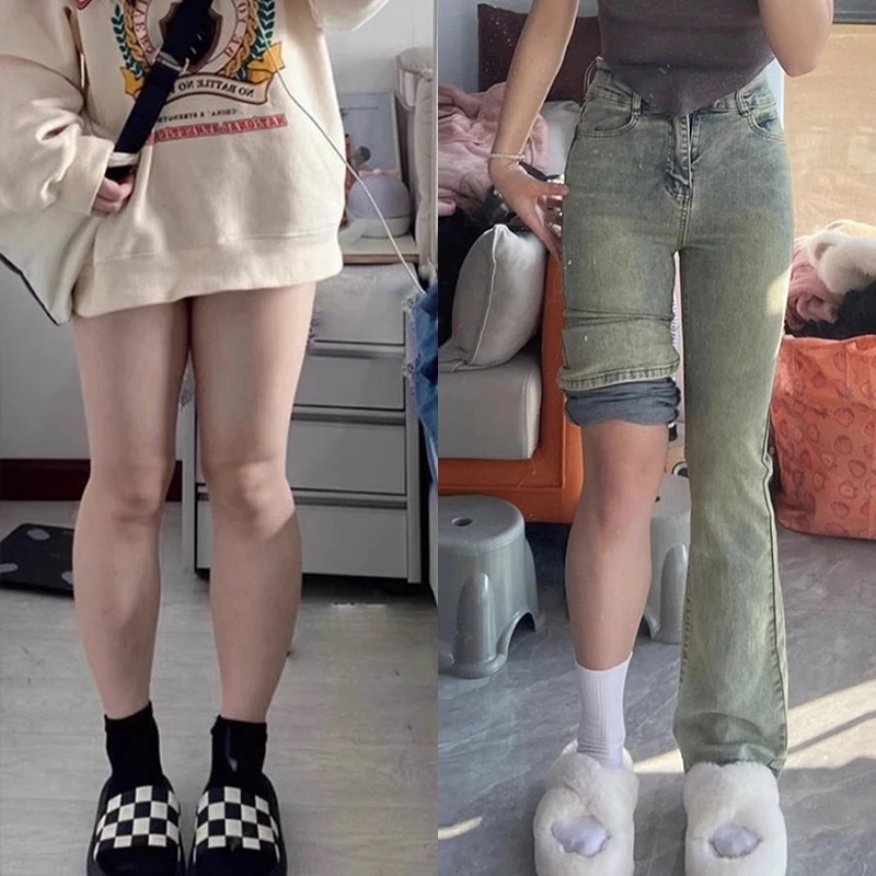 梨型身材弹力微喇叭裤女新款大码胖mm高腰显瘦浅色黄泥染牛仔裤子