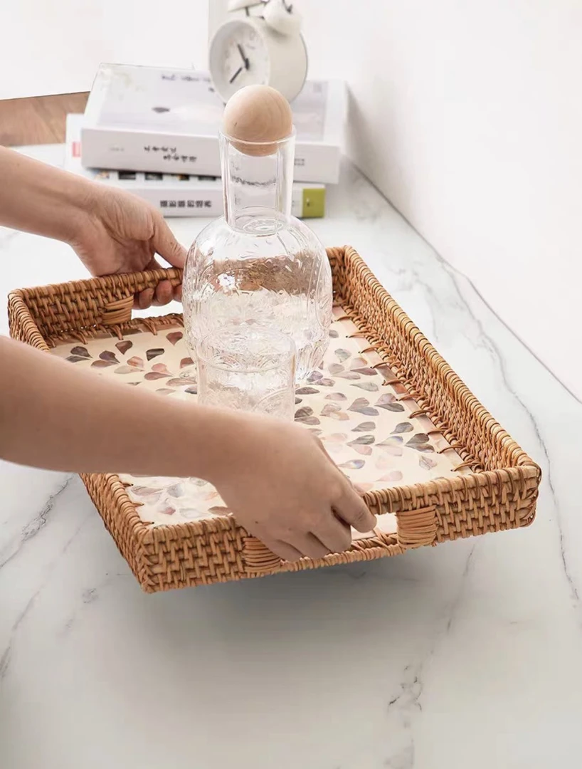 TB006-1长方形柳叶贝壳收纳盘复古编织家用纯手工水果框
