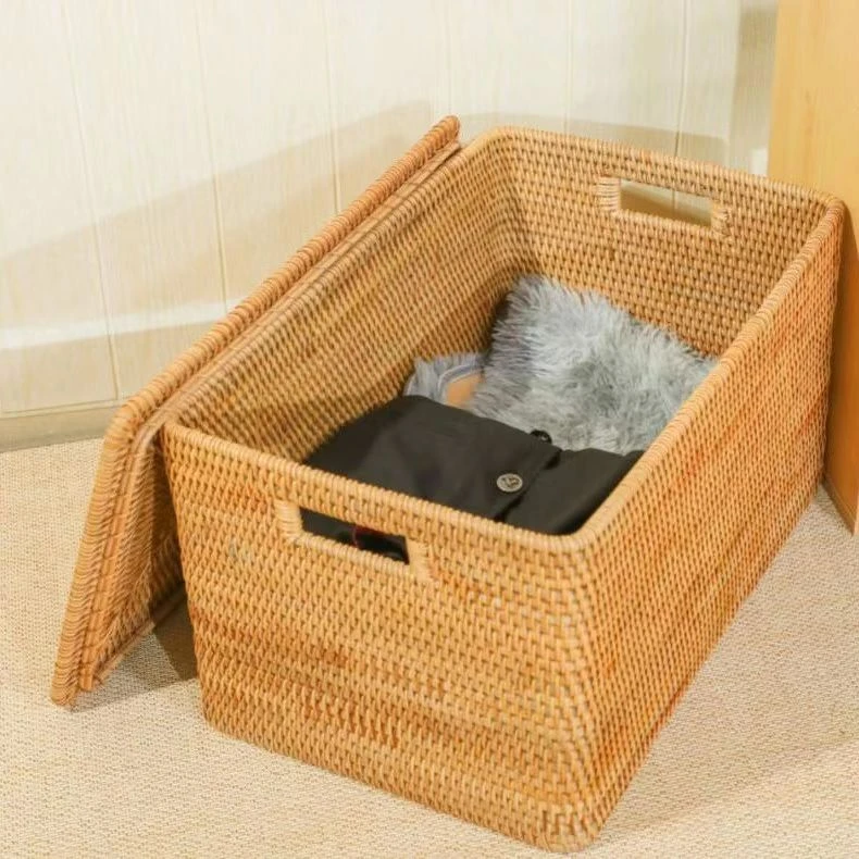 TB303植物藤编家用简约长方形带盖双把手收纳箱尺寸:50*30*30cm