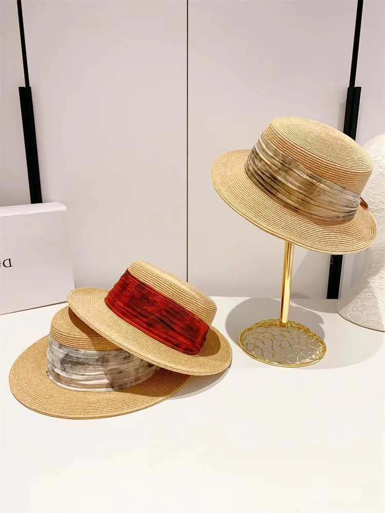 夏季女草帽英伦休闲沙滩宽檐防晒太阳帽海边遮阳居家桌面摆件