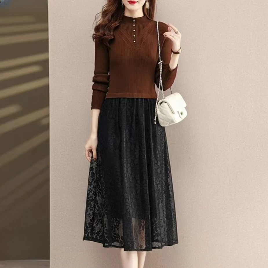 X0261 气质连衣裙女显瘦时尚减龄遮肉圆领针织休闲百褶A字裙子