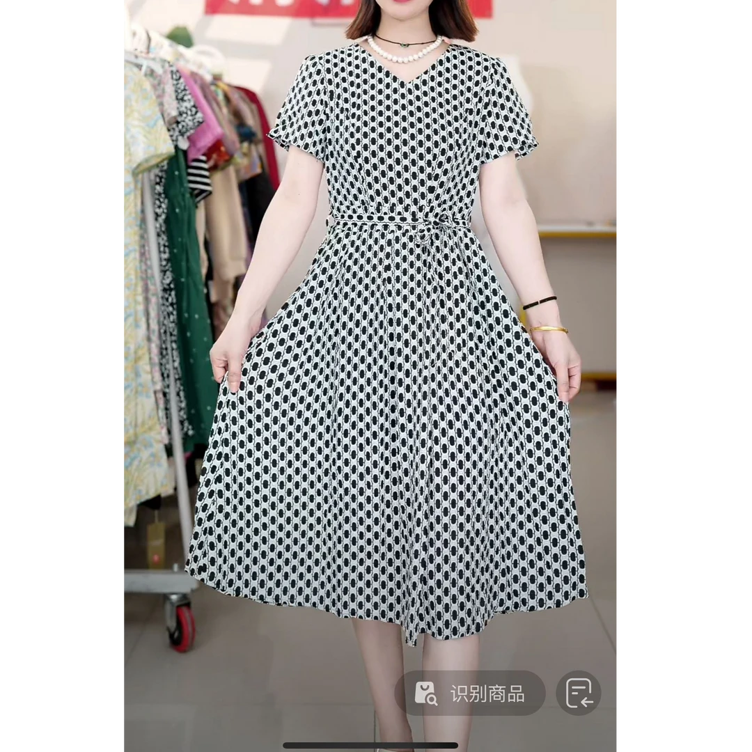 D233波点连衣裙女夏季新款韩版修身显瘦大码遮肚子过膝气质长裙子