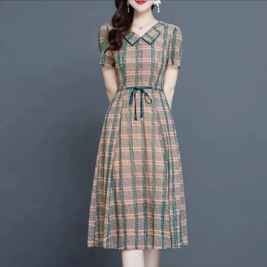 A582 女装连衣裙格子气质淑女风显瘦修身优雅妈妈装洋气时尚短袖