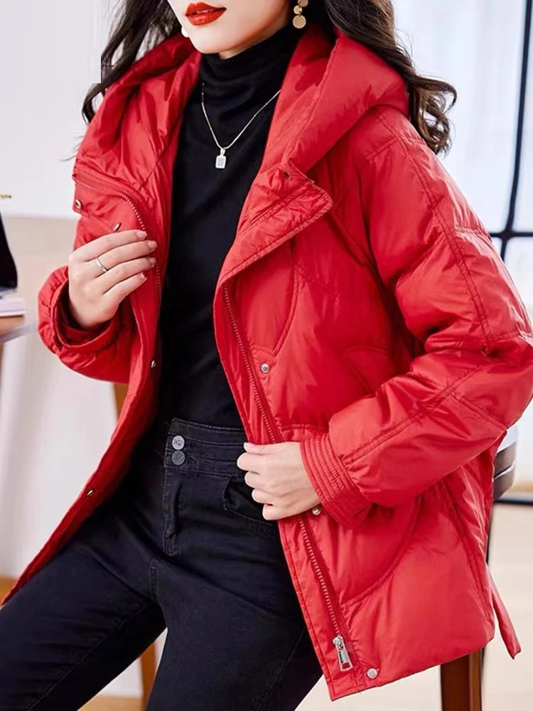 Y9059 秋冬时尚气质羽绒服红色冬季休闲洋气防风遮肚显瘦短款外套