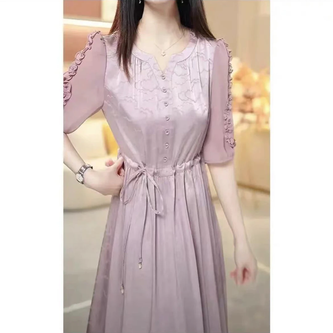 A1509 夏季气质连衣裙女显瘦收腰时尚减龄遮肉休闲纯色A字裙子