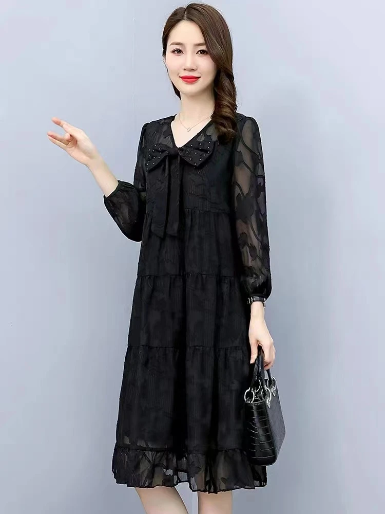 X983 气质连衣裙女秋季显瘦收腰时尚减龄遮肉长袖提花蝴蝶结A字裙