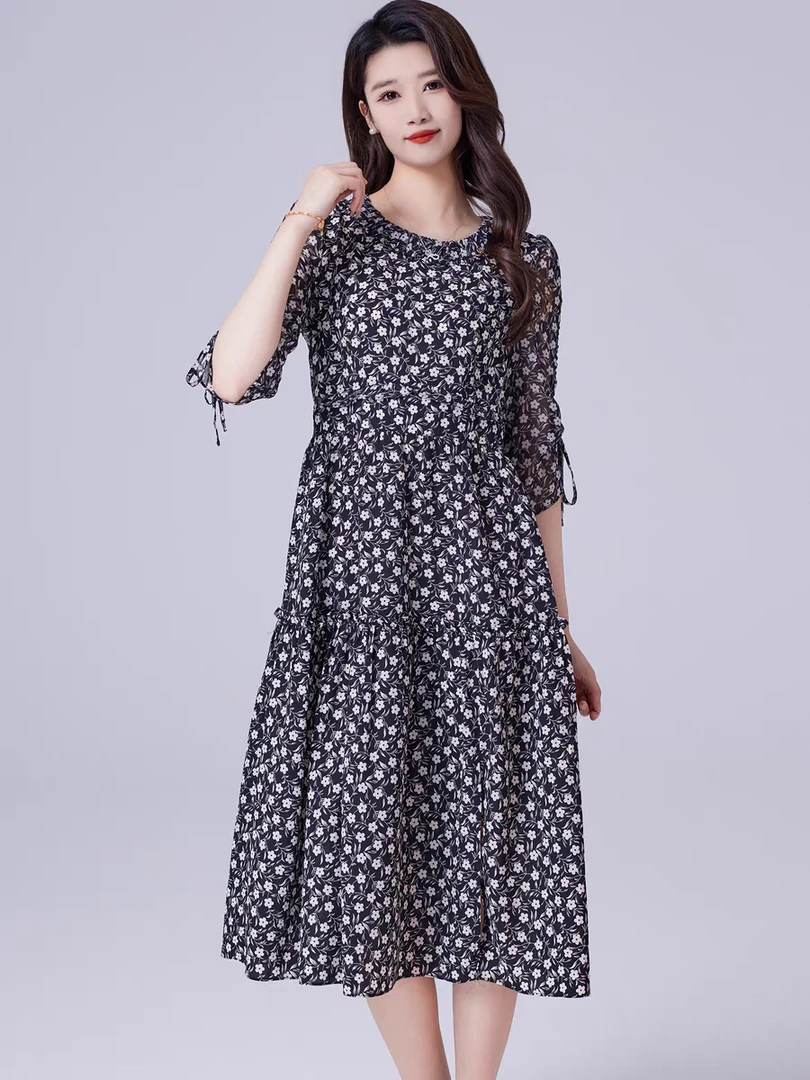 Q009 时尚气质显瘦中长款小碎花连衣裙女2024春季新款裙子