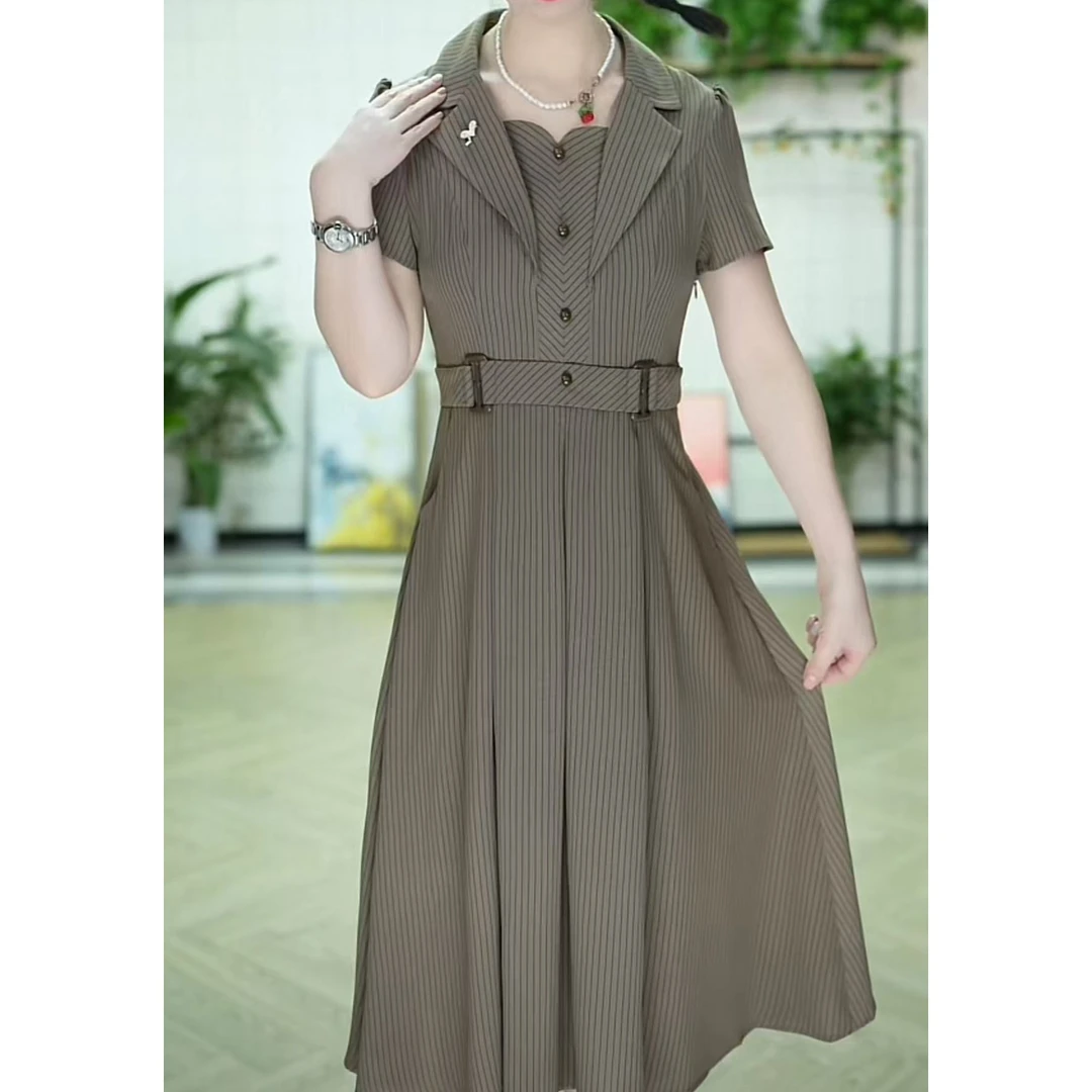 CF026女装连衣裙气质时尚百搭夏季收腰显瘦简约条纹潮流中长款