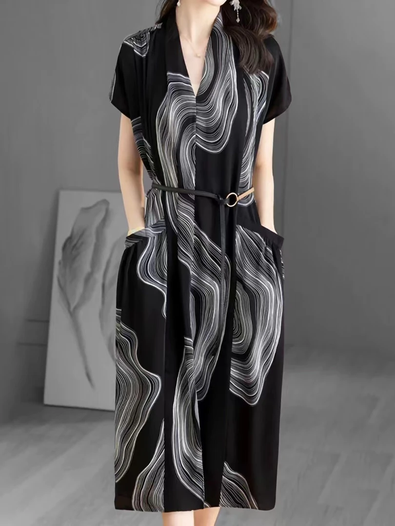 X0038 气质连衣裙女夏显瘦收腰时尚减龄遮肉休闲V领宽松腰带A字裙