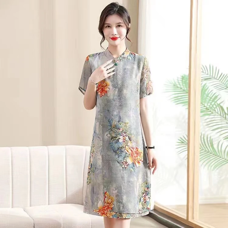 CF056女装连衣裙夏季时尚气质洋气复古中长款中国风妈妈装大码