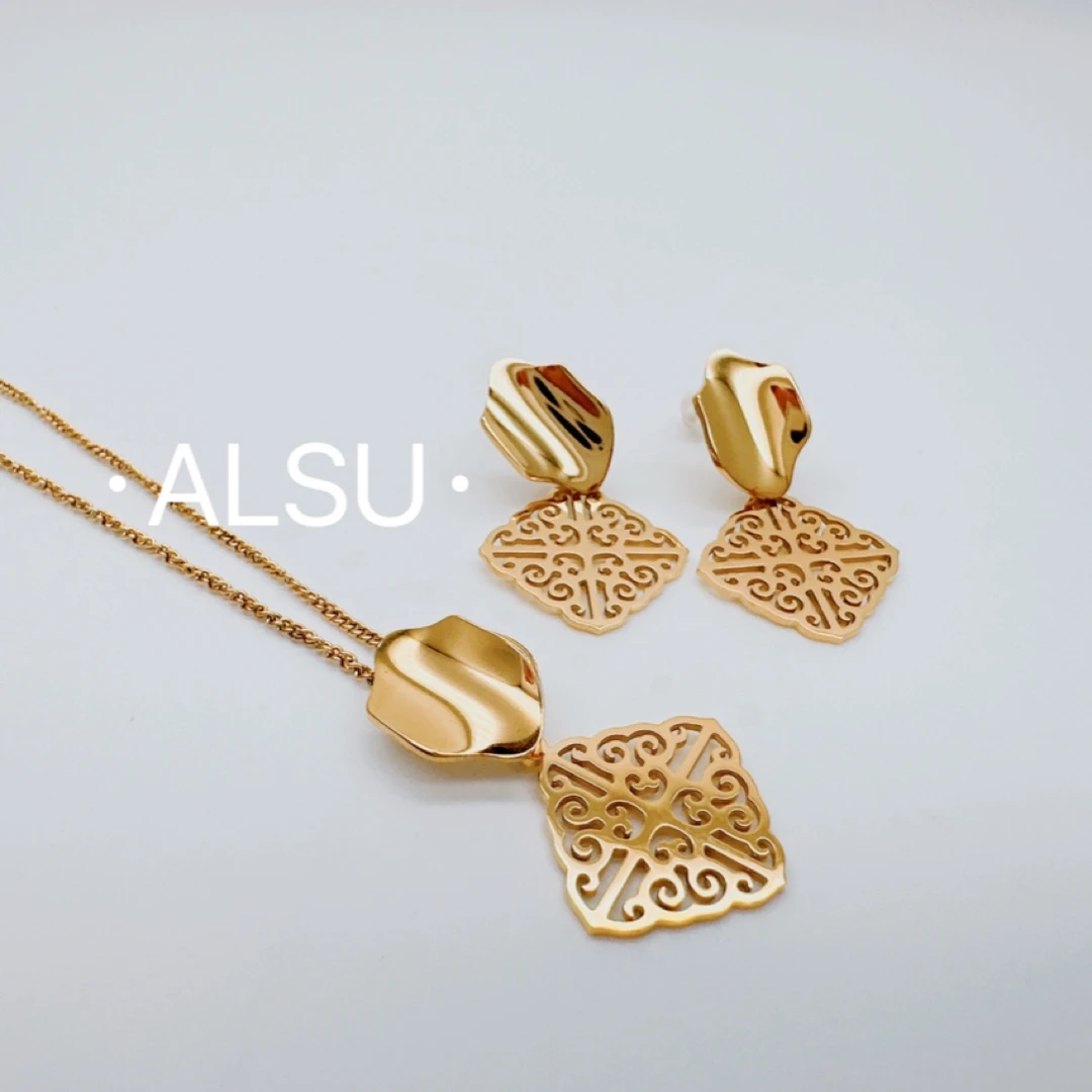 合金项链 ALSU原创新款菱形细花纹套装 项链➕耳钉