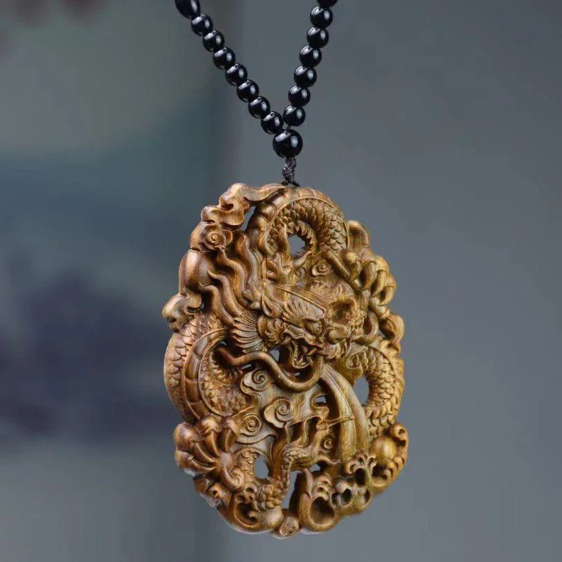 正宗绿檀木雕刻龙牌吊坠手链挂饰木质挂牌装饰民族风手把件工艺品