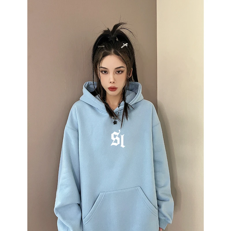 美式高街加绒加厚连帽卫衣女款秋冬百搭潮牌ins风学生宽松慵懒风