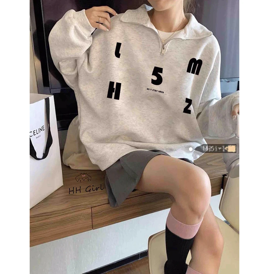 秋冬款极简字母拉链印花卫衣女款白灰色polo翻领正肩潮牌加绒加厚