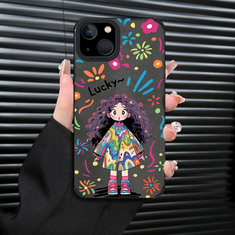 适用【苹果13】新款可爱涂鸦女孩个性创意秋冬皮质手机壳