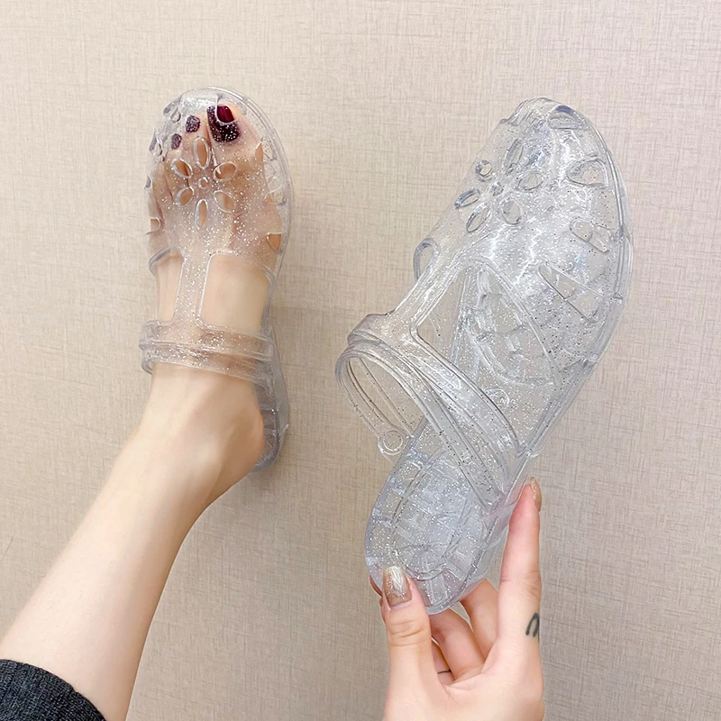 【可当凉鞋】时尚半包头拖鞋女夏季新款镂空居家洗澡坡跟水晶凉拖鞋