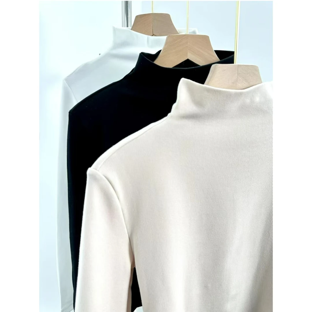 秋冬高级感纯色时尚百搭显瘦加绒加厚半高领长袖打底衫女内搭