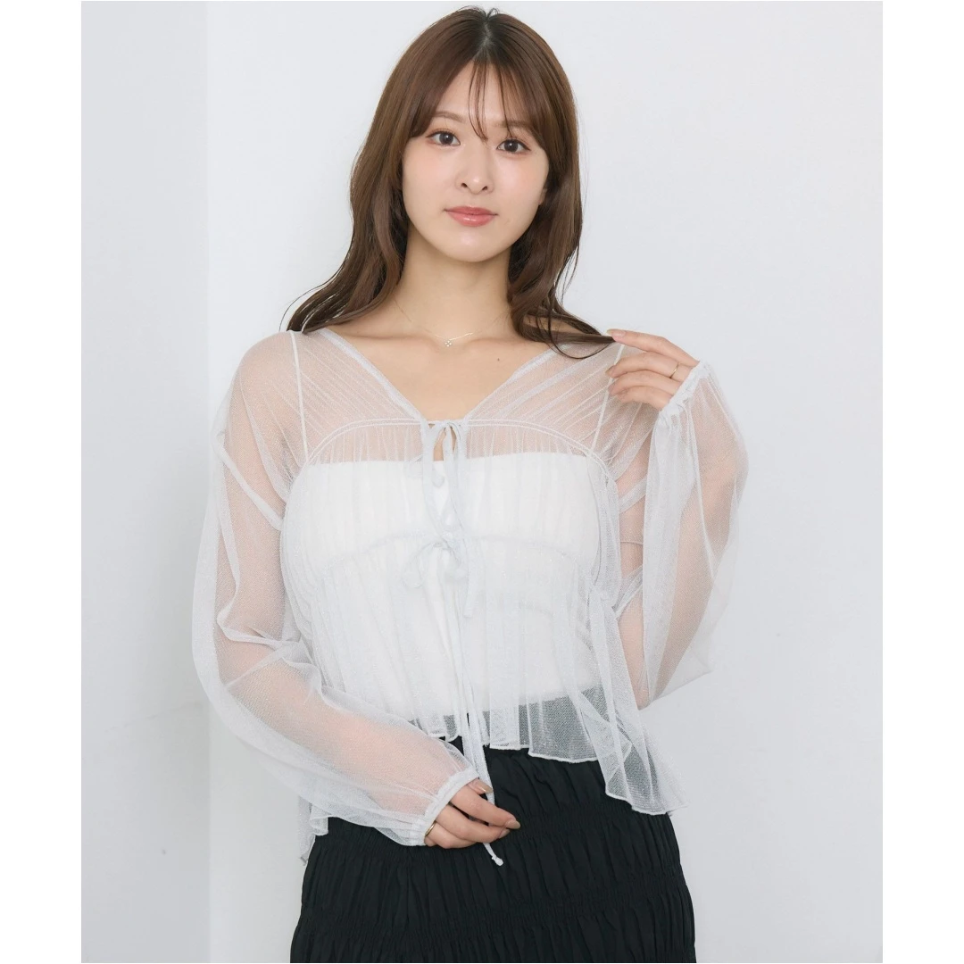 【TaKuMi】日系品牌 夏季新款 甜美百搭系带V领叠穿宽松网纱开衫