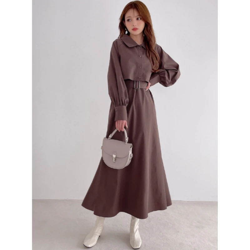 【TaKuMi】日系品牌 秋冬上新 G 时尚气质轻奢纯色收腰连衣裙套装