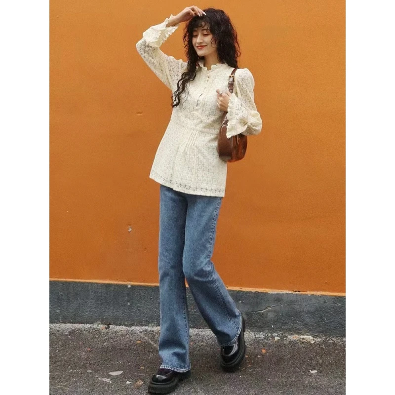 【TaKuMi】日系品牌 法式优雅 M 圆领收腰喇叭袖镂空蕾丝衬衫女