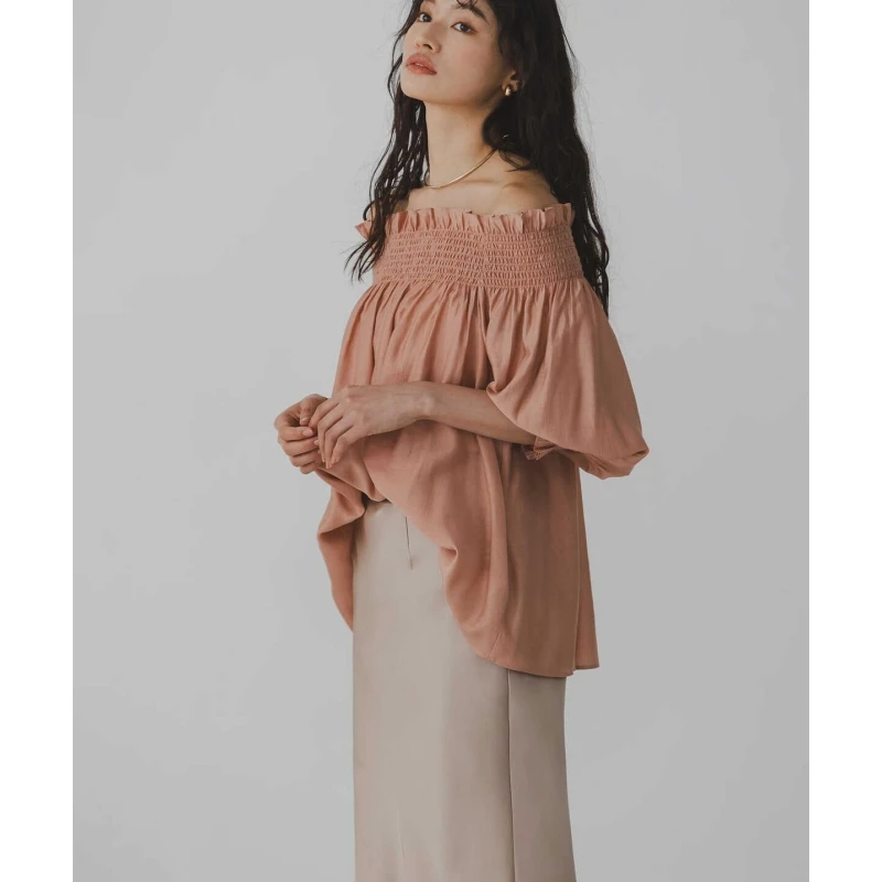 【TaKuMi】日系品牌 夏季新款 N 时尚百搭纯色一字肩宽松短袖衬衫