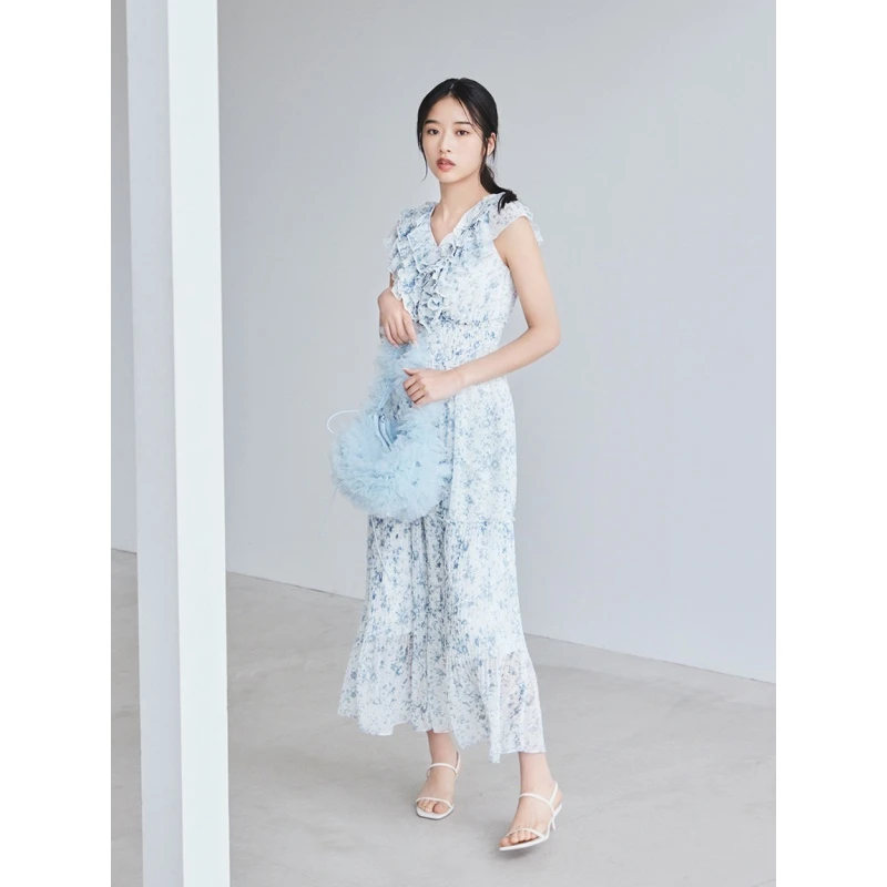 【Takumi】日系品牌 夏季新款 S 气质优雅多层荷叶边印花连衣裙