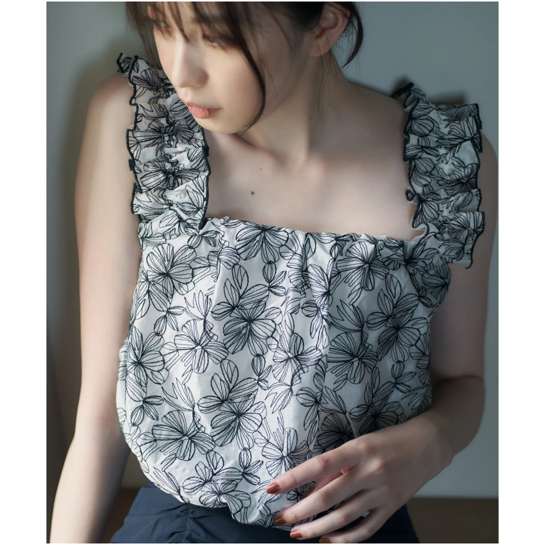 【TaKuMi】日系品牌 夏季新款 C 时尚气质褶皱刺绣印花吊带背心