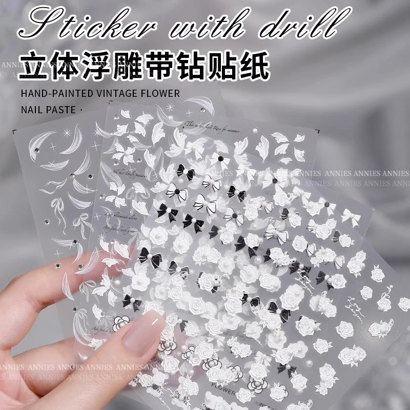 网红2025爆款芭蕾丝绸飘带花朵晶钻珍立体浮雕蝴蝶结羽毛美甲贴纸