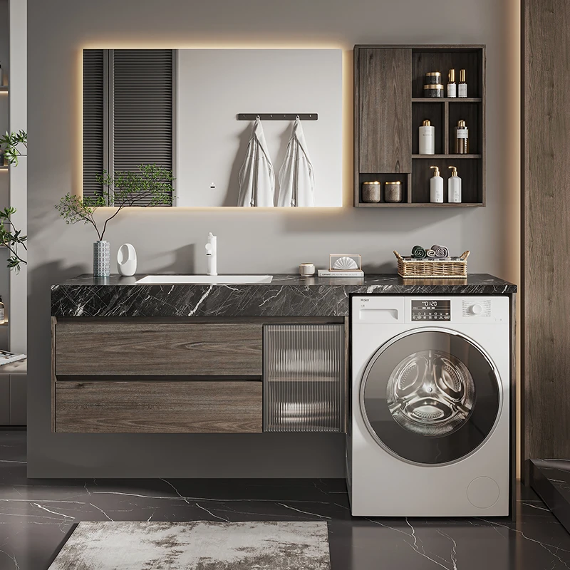 阳台洗衣机柜组合实木岩板浴室柜一体无缝陶瓷盆洗脸洗手盆洗漱台